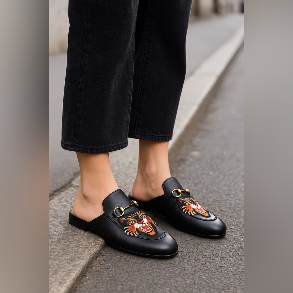Gucci Princetown Tiger Mules – Black Leather Horsebit EU 38 (US 8)